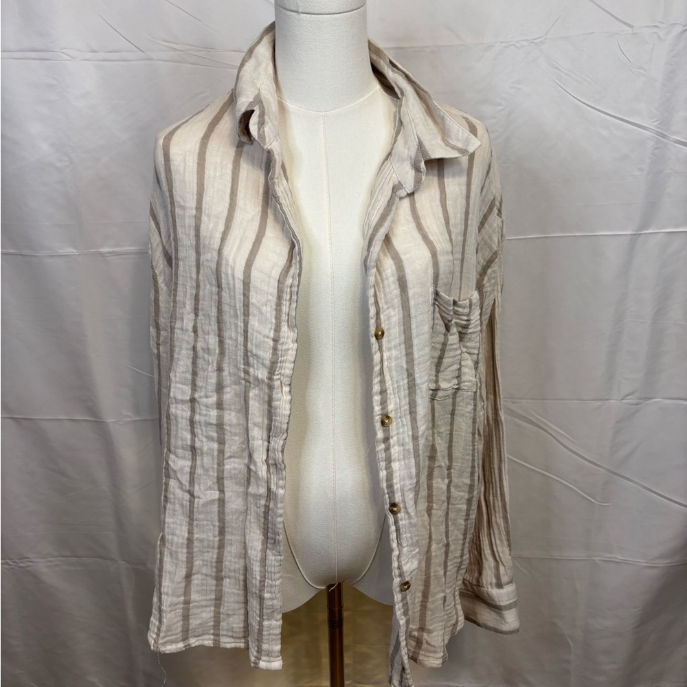 RSQ Beige Striped Button Down Shirt Medium 100% Cotton Oversized
